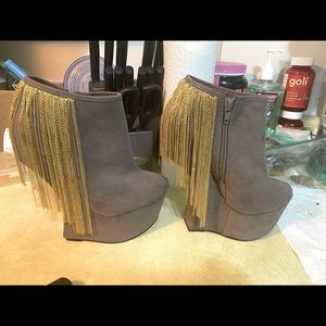 Grey and gold fringe cut out wedge bootie